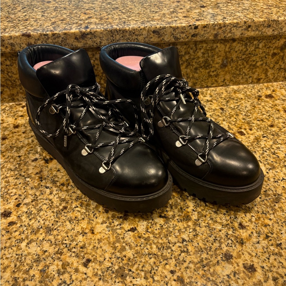 Ganni High Top Winter City Boots Black Leather Shearling Size 40 US 10